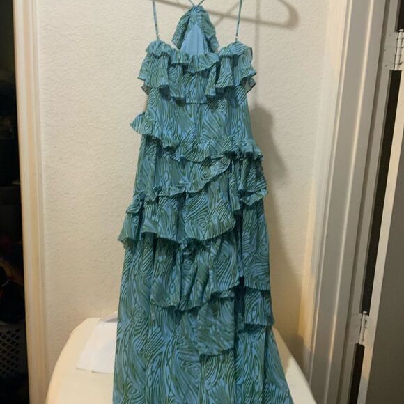 Cinq à Sept Rayner Dress Ruffle Blue Printed Halter Midi Cocktail Party Size - Picture 6 of 8